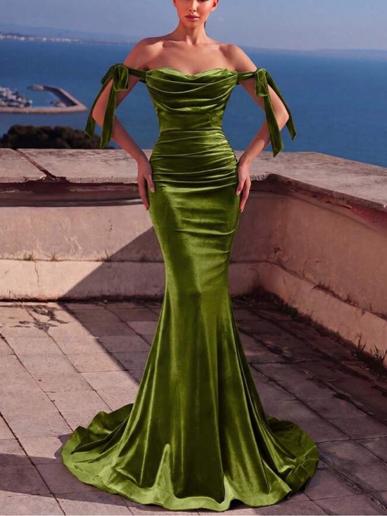 Dresses & Skirts - Off-Shoulder Olive Green Velvet Mermaid Evening Dress